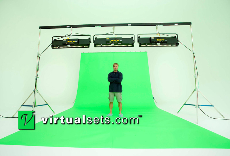 160 inch wide portable green screen with optional lighting truss and Kino Flo lighting.